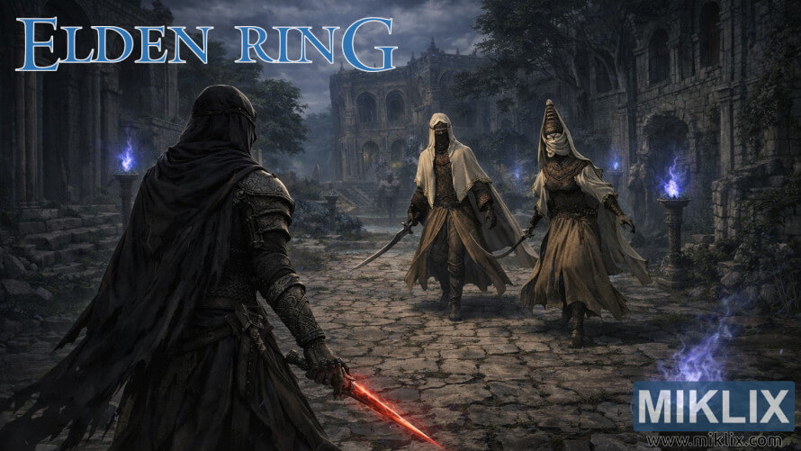 Arte de fã da batalha de Elden Ring em Sellia, apresentando a armadura da Faca Negra contra a Espadachim Nox e o Monge.