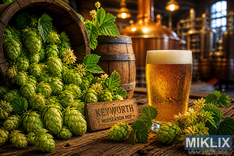 Golden craft beer with condensation beside fresh Keyworth Midseason hop cones and yellow hop flowers in a warm, atmospheric brewery with wooden barrels and soft ambient lighting. Golden craft beer with condensation beside fresh Keyworth Midseason hop cones and yellow hop flowers in a warm, atmospheric brewery with wooden barrels and soft ambient lighting.