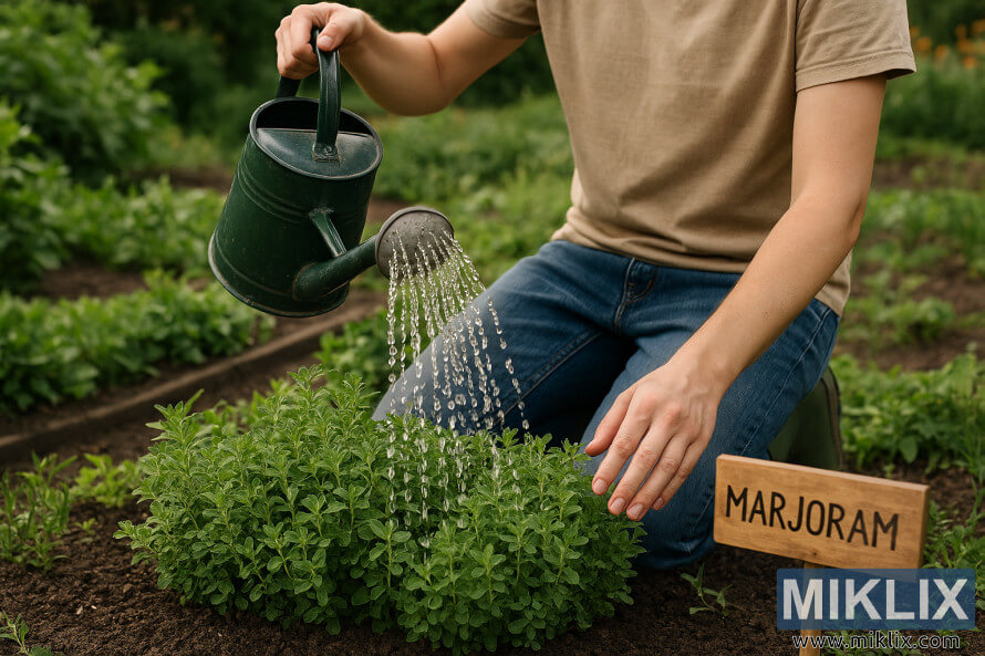 Jardinier arrosant les plantes de marjolaine avec un arrosoir en mÃ©tal dans un jardin luxuriant
