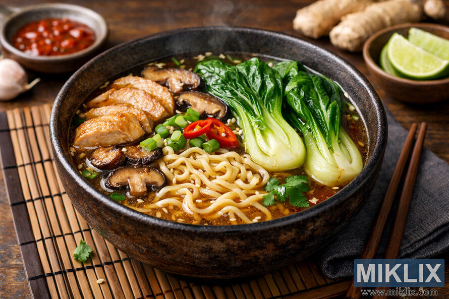 A steaming bowl of Asian noodle soup with bok choy, noodles, mushrooms, and chicken served in a rustic ceramic bowl on a bamboo mat. A steaming bowl of Asian noodle soup with bok choy, noodles, mushrooms, and chicken served in a rustic ceramic bowl on a bamboo mat.
