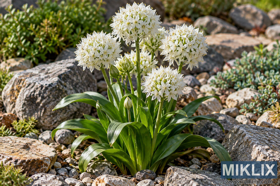 White globe-shaped flower clusters on broad green leaves growing among sunlit rocks, gravel, shrubs, and low groundcover in a rock garden. White globe-shaped flower clusters on broad green leaves growing among sunlit rocks, gravel, shrubs, and low groundcover in a rock garden.