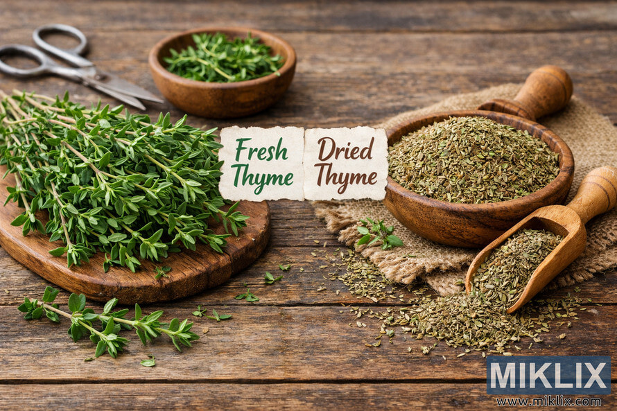 High-resolution landscape photo showing fresh thyme on a wooden cutting board to the left and dried thyme in a rustic bowl to the right, separated by parchment labels reading Fresh Thyme and Dried Thyme on a weathered wooden surface. High-resolution landscape photo showing fresh thyme on a wooden cutting board to the left and dried thyme in a rustic bowl to the right, separated by parchment labels reading Fresh Thyme and Dried Thyme on a weathered wooden surface.