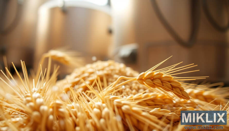 Nærmynd af gullnum hveitikornum og möluðu hveitimalti undir hlýju ljósi með óskýrri meskutunnu à bakgrunni. Nærmynd af gullnum hveitikornum og möluðu hveitimalti undir hlýju ljósi með óskýrri meskutunnu à bakgrunni.