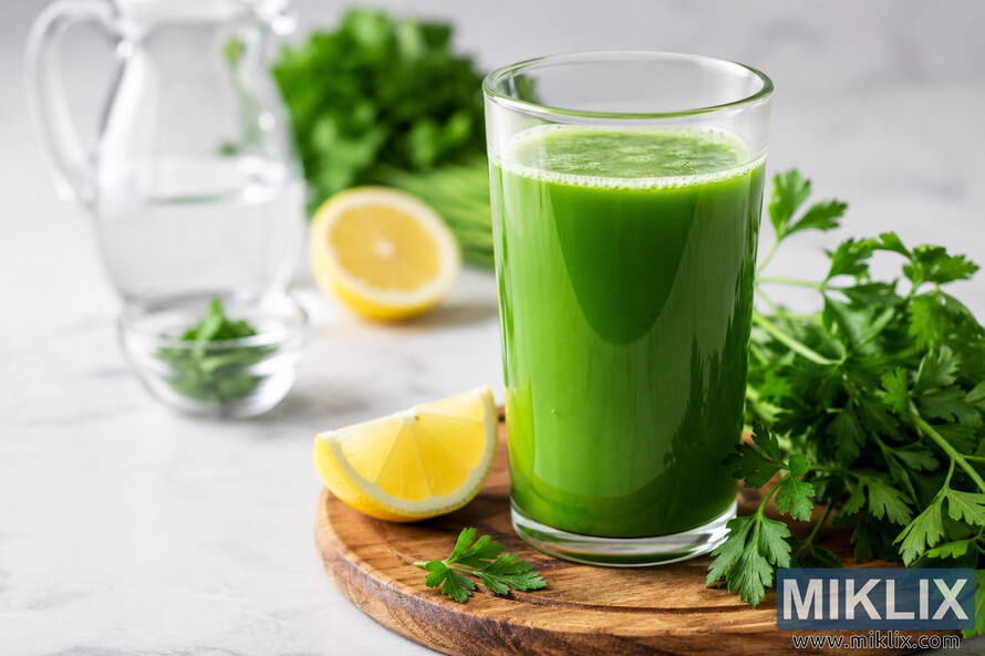 A bright landscape-oriented food photography scene featuring a tall glass of vivid green parsley juice on a wooden board with fresh parsley sprigs, lemon wedges, and a clear glass water pitcher softly blurred in the background under natural light. A bright landscape-oriented food photography scene featuring a tall glass of vivid green parsley juice on a wooden board with fresh parsley sprigs, lemon wedges, and a clear glass water pitcher softly blurred in the background under natural light.