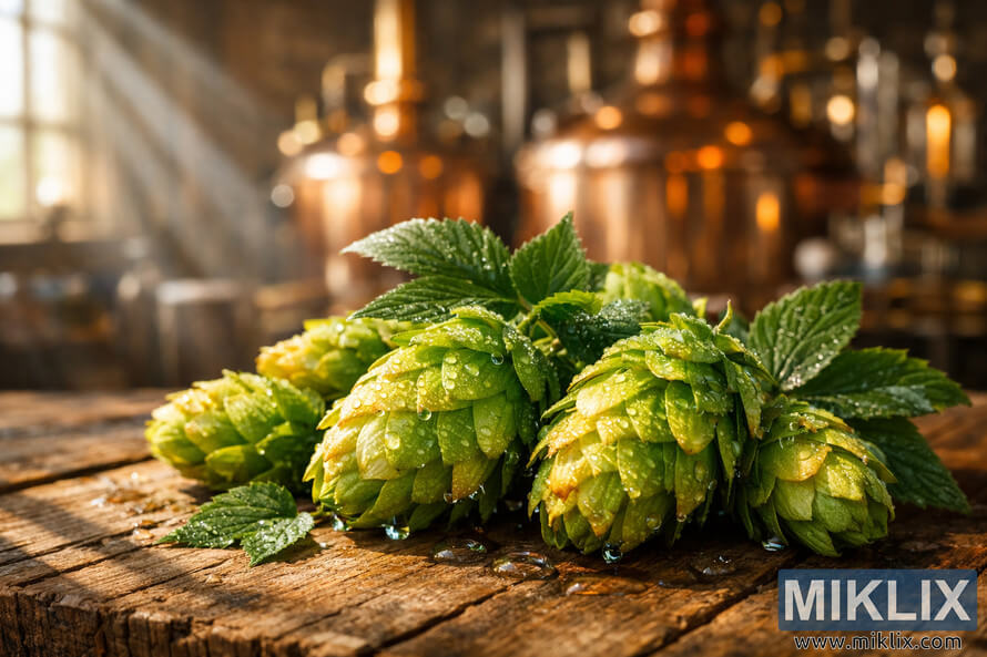 Close-up of fresh Wai-iti hop cones with water droplets on a rustic wooden table, softly blurred copper brewery equipment glowing in warm sunlight behind them.