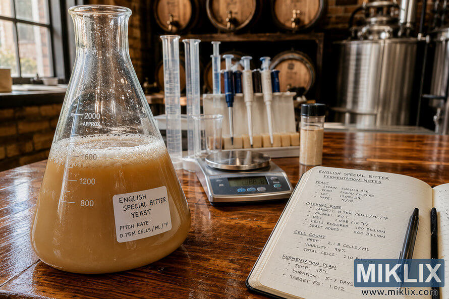 Close-up of a glass flask filled with cloudy English Special Bitter yeast culture on a polished wooden table in a rustic brewing lab with pipettes, a scale, fermentation notes, oak barrels, and brewing equipment. Close-up of a glass flask filled with cloudy English Special Bitter yeast culture on a polished wooden table in a rustic brewing lab with pipettes, a scale, fermentation notes, oak barrels, and brewing equipment.