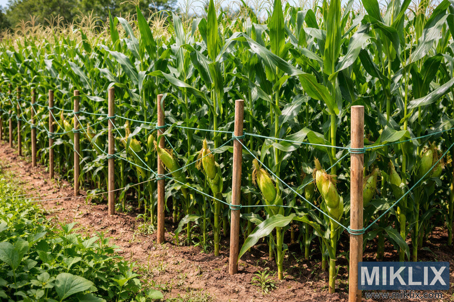 Rows of healthy corn plants supported by wooden stakes and green twine to prevent lodging and breakage in a cultivated field.