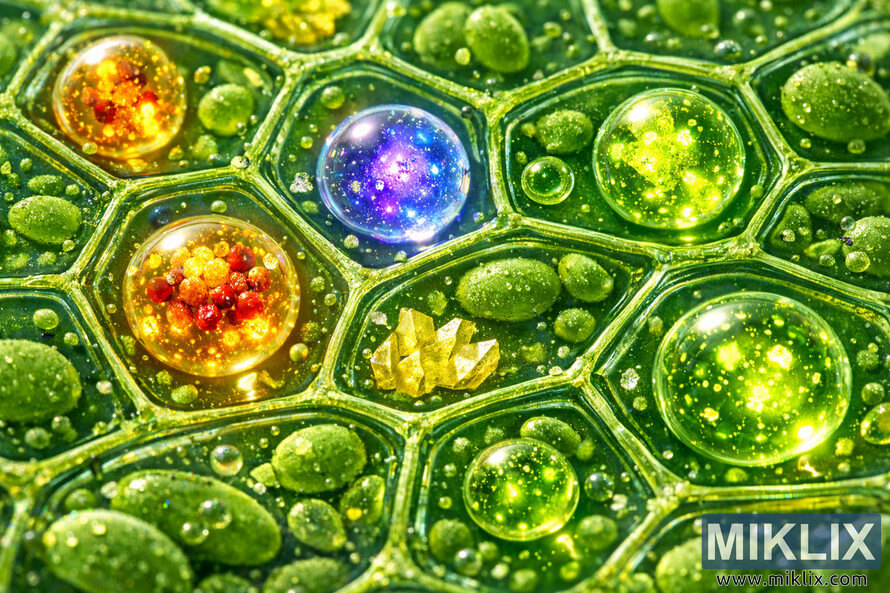 Microscopic image of dandelion plant cells showing glowing antioxidant vesicles and green chloroplasts in a detailed cellular structure.