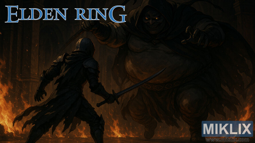 A Tarnished in Black Knife armor confronts the towering Godskin Noble inside a dark, fire-lit chamber in Elden Ring. A Tarnished in Black Knife armor confronts the towering Godskin Noble inside a dark, fire-lit chamber in Elden Ring.