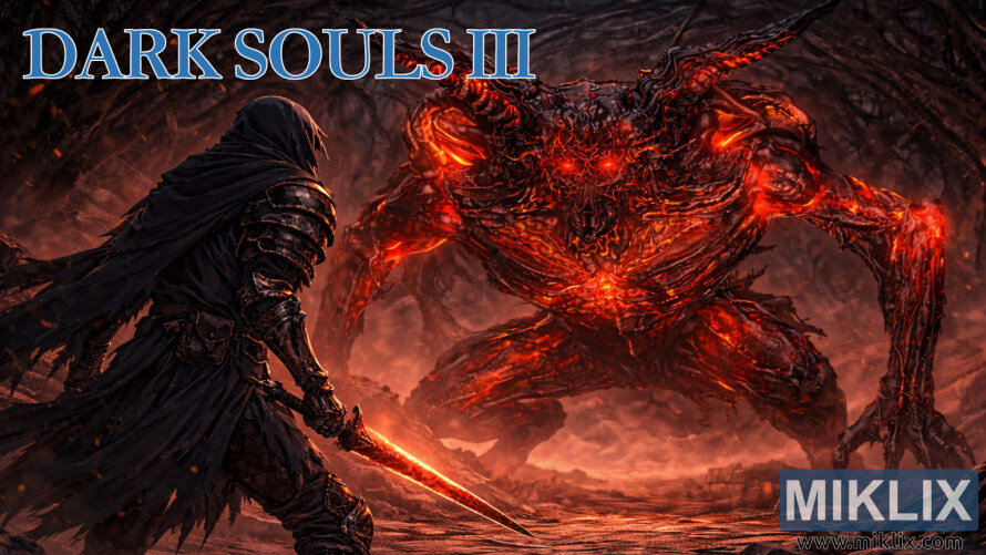 Dark fantasy fan art of a hooded armored warrior confronting a massive fiery demon in a volcanic cavern. Dark fantasy fan art of a hooded armored warrior confronting a massive fiery demon in a volcanic cavern.