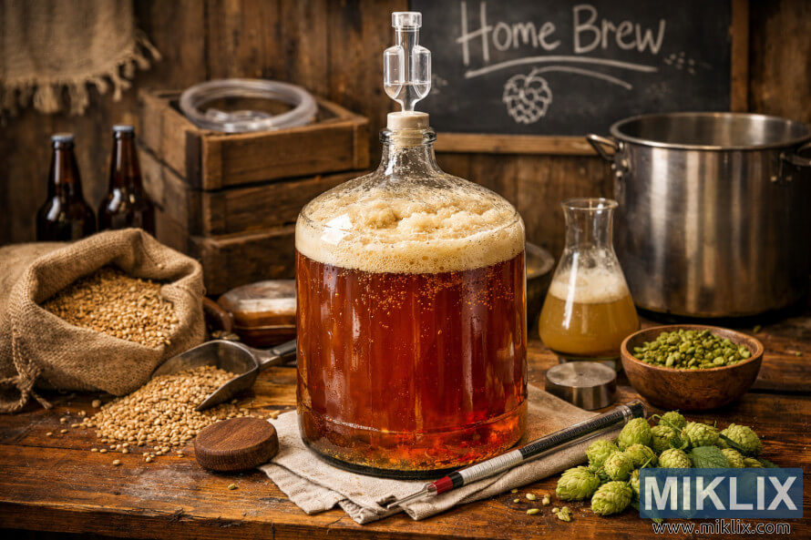 Steklen balon fermentiranega ameriÅ¡kega piva s krausenom na rustikalni leseni mizi, obkrožen s hmeljem, sladom in orodjem za domaÄe pivovarstvo. Steklen balon fermentiranega ameriÅ¡kega piva s krausenom na rustikalni leseni mizi, obkrožen s hmeljem, sladom in orodjem za domaÄe pivovarstvo.