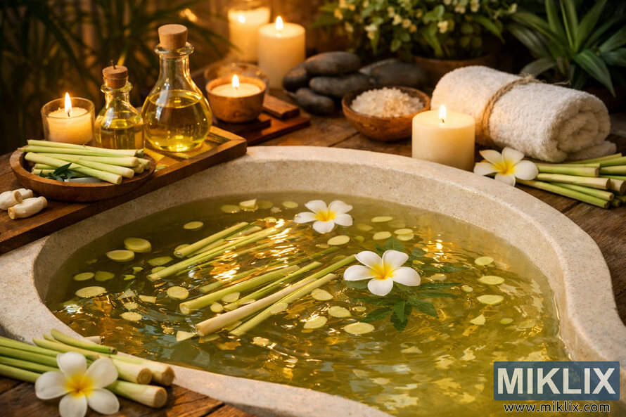 A serene spa scene featuring a stone bathtub filled with golden lemongrass oil water, floating lemongrass stalks, frangipani flowers, candles, and wooden spa accessories surrounded by lush green foliage. A serene spa scene featuring a stone bathtub filled with golden lemongrass oil water, floating lemongrass stalks, frangipani flowers, candles, and wooden spa accessories surrounded by lush green foliage.